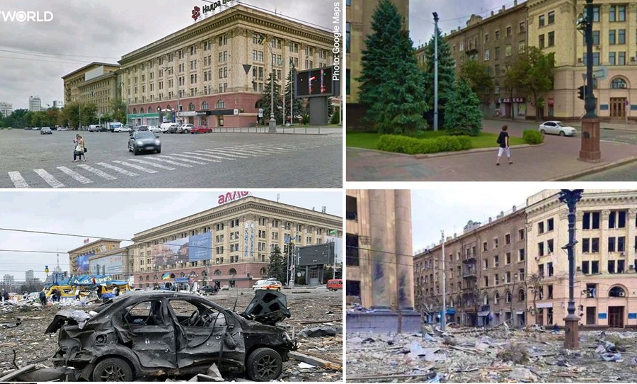 რუსული თავდასხმის სისასტიკე - უკრაინის ქალაქები ომის დაწყებამდე და დღეს (ფოტოები)
